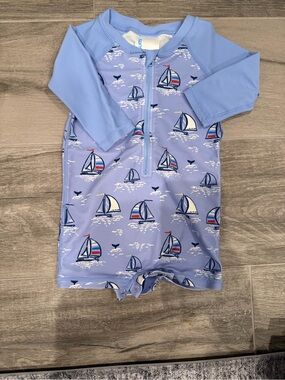 Sailboat Print Long-Sleeve One-Piece Swimsuit - Light Blue